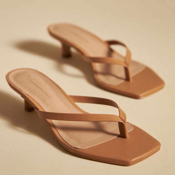 By Anthropologie Shoes - Minimalist Tan Square-Toe Kitten Heel Thong Sandals